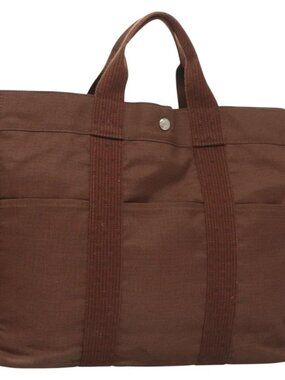 HERMES Her Line MM Hand Bag Canvas Brown Silver Auth 127252